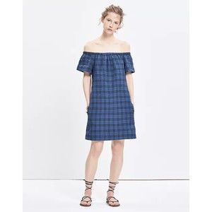 Madewell Plaid Off-The-Shoulder Shift Dress 6 Blue Black Linen Pocket Spring NWT
